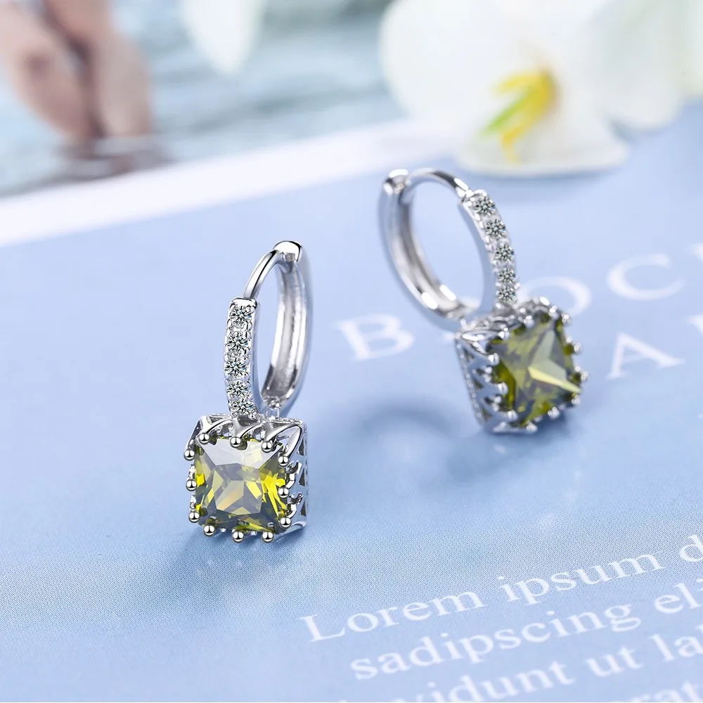 Princess Cut Natural Green Peridot 925 Sterling Silver Square Hoop Earring Geometric Ear Buckle Gemstone Fine Jewelry Huggies