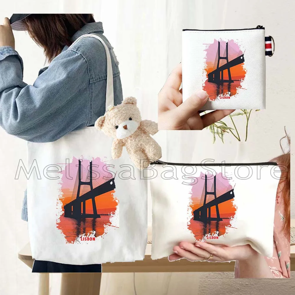 4PCS Gifts Set lisbon Portugal White Canvas Tote Bag Handbag with Doll Key Coin Purse Cosmetic Makeup Toilet Bag Case Pouch