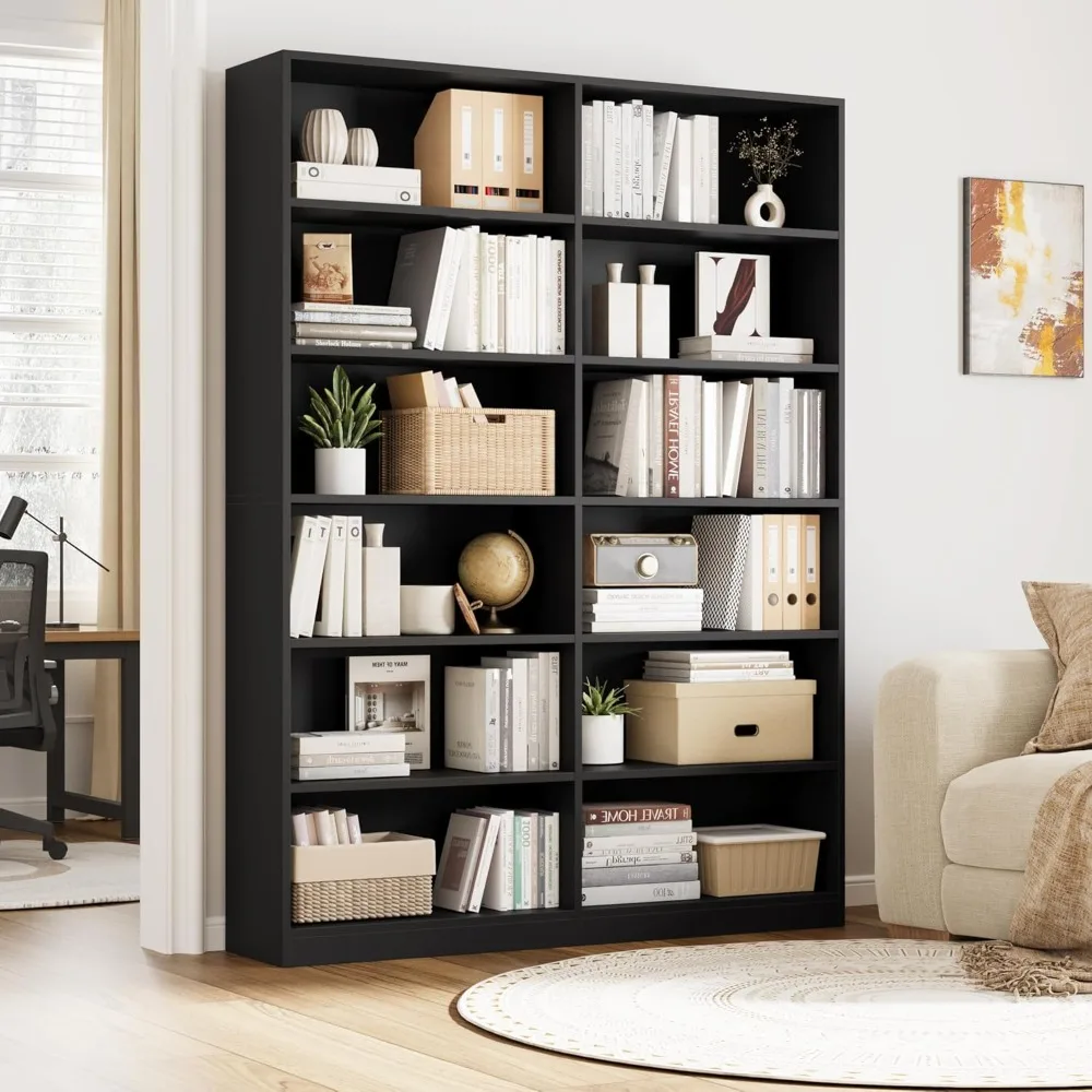 Bookshelf and Bookcase, 6-Tier Double Wide Bookshelves, Freestanding Display Storage Shelves, Tall Bookcases for Home  Bedroom