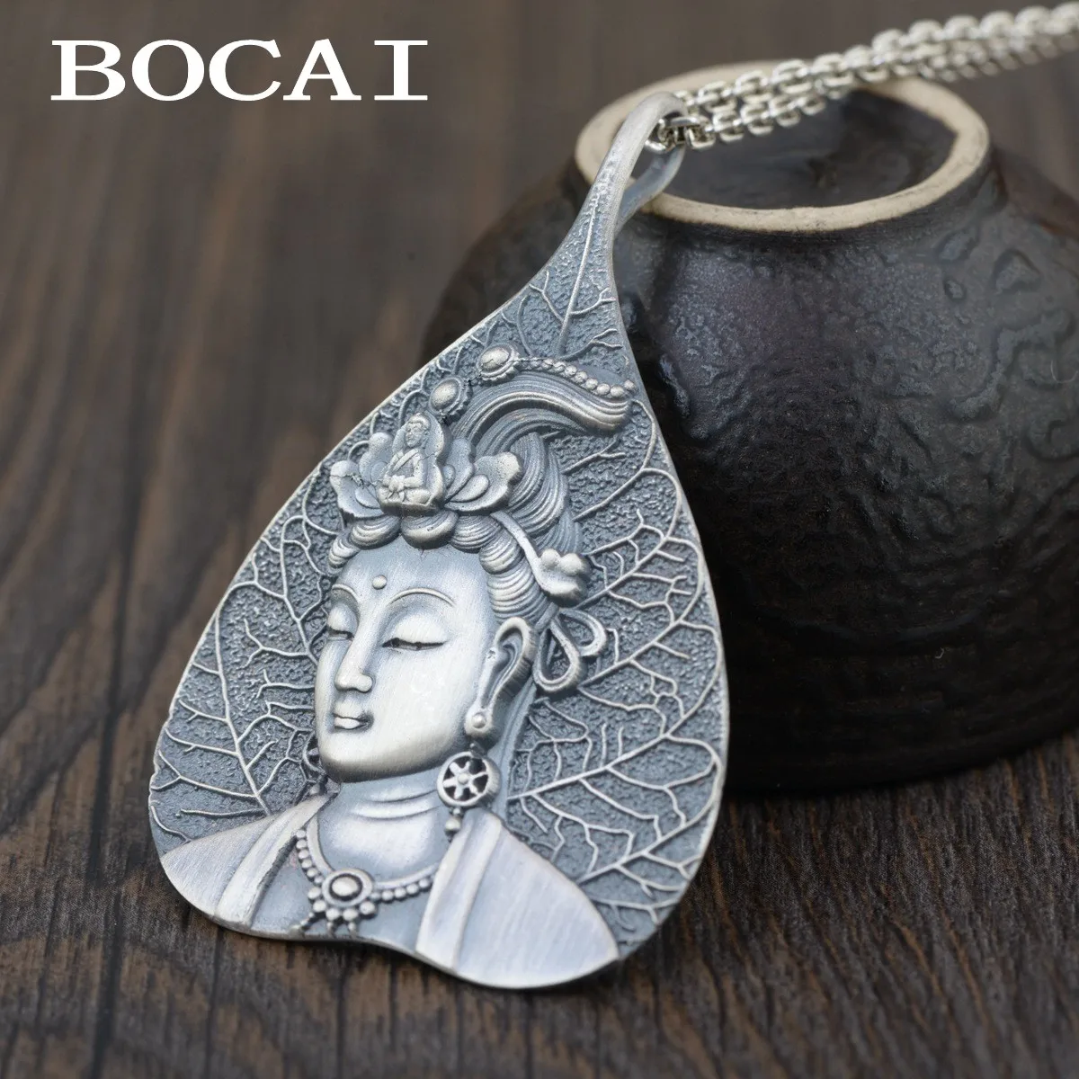 

BOCAI Real New Silver S990 Jewelry Vintage Leaf Shaped Samantabhadra Necklace Pendant for mMen and Women Wholesale of Necklaces