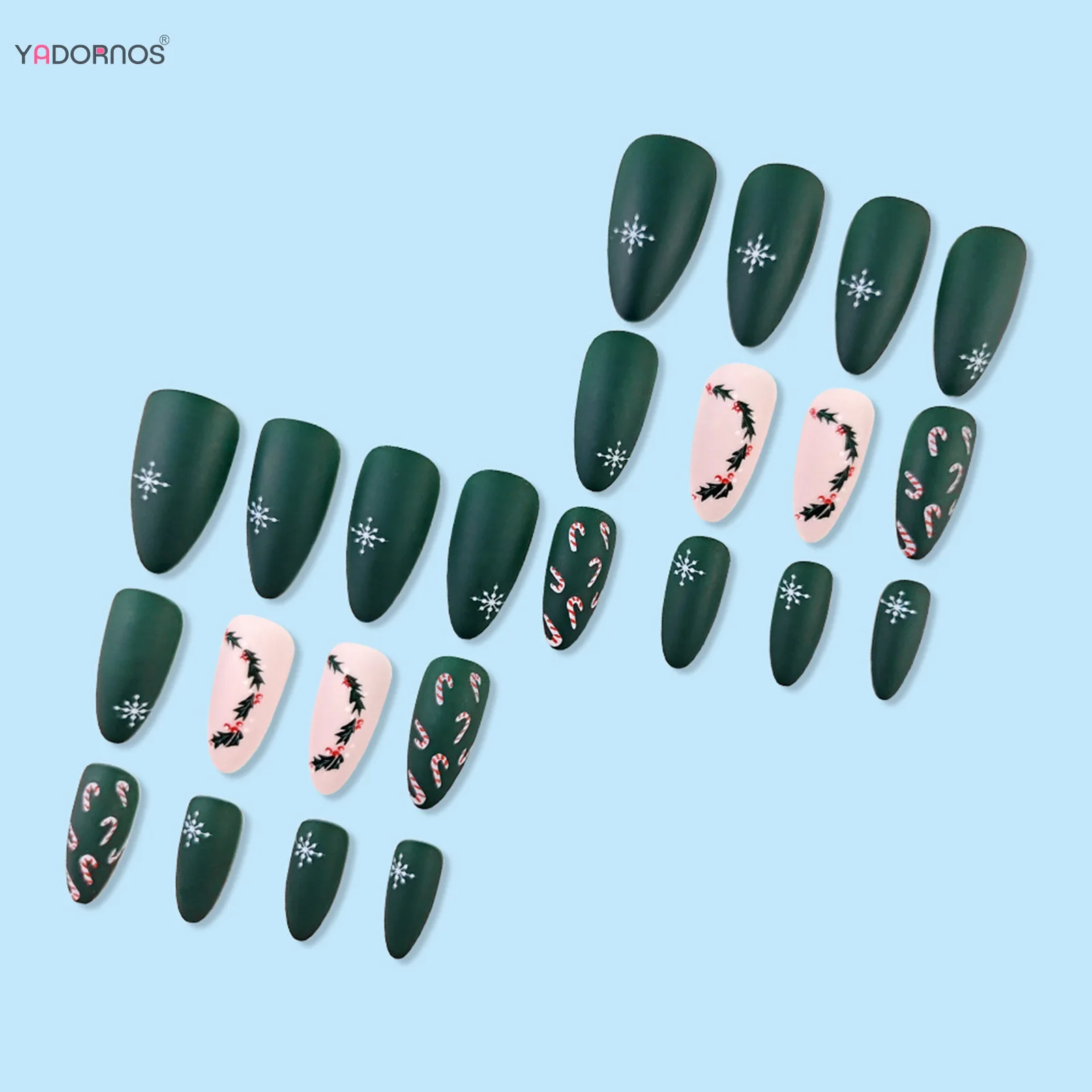 Green Fake Nails for Women Christmas Party Almond Press on Nails Simple Charms Snowflake Flower Designs Wearable False Nails