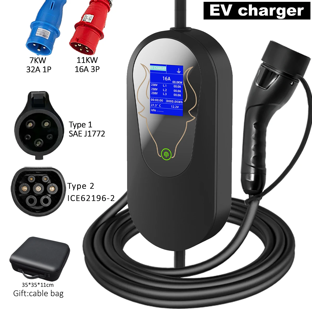 Portable Type2 IEC62196-2 11kw Electric Vehicle Charger CEE Plug 7KW Electric Car Charging Wallbox Type1 SAE J1772 EV Charger