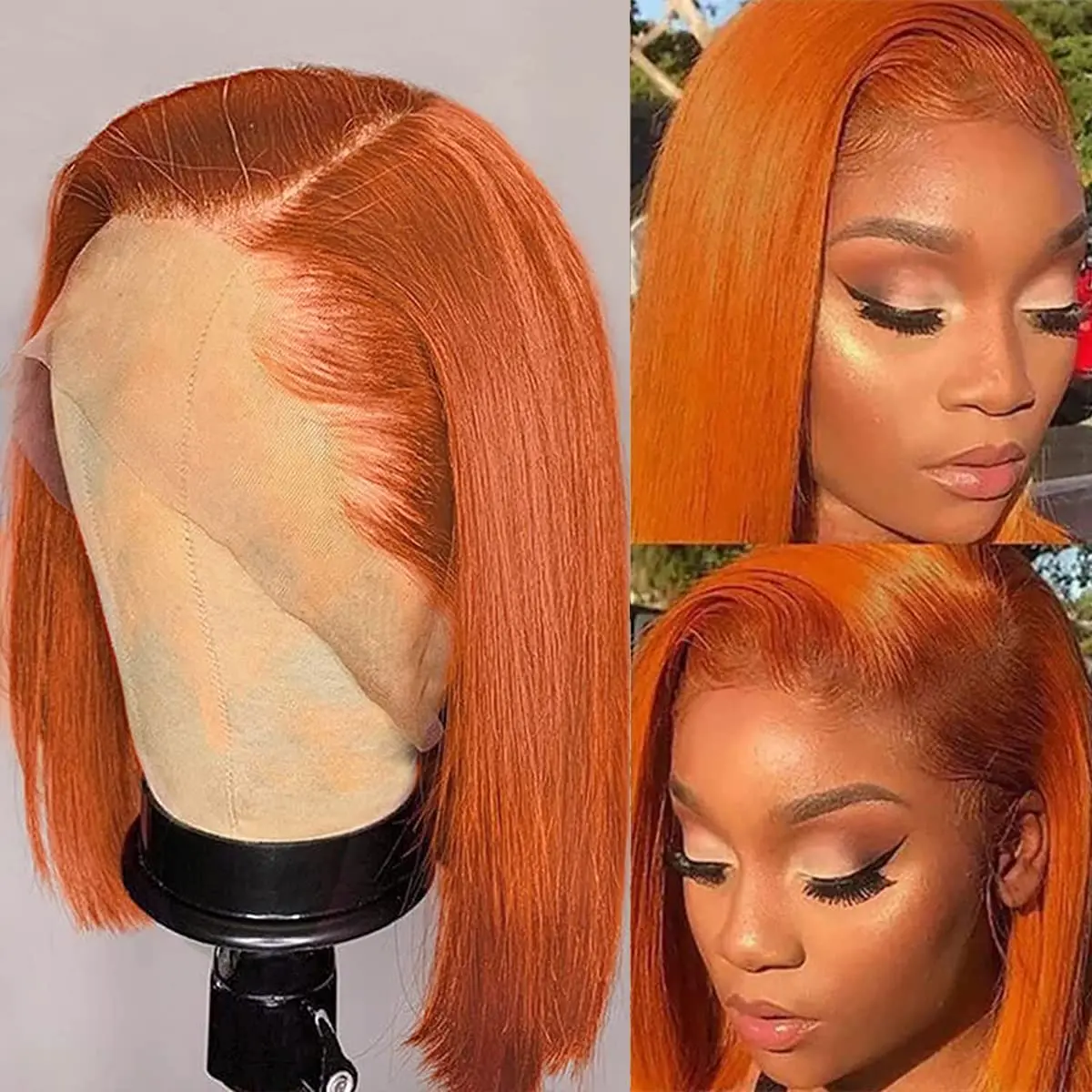 Peruca de Gengibre Curto Reto Bob, HD Lace Frontal, Perucas de Cabelo Humano, Gengibre Laranja, 350 Colorido, 5x5