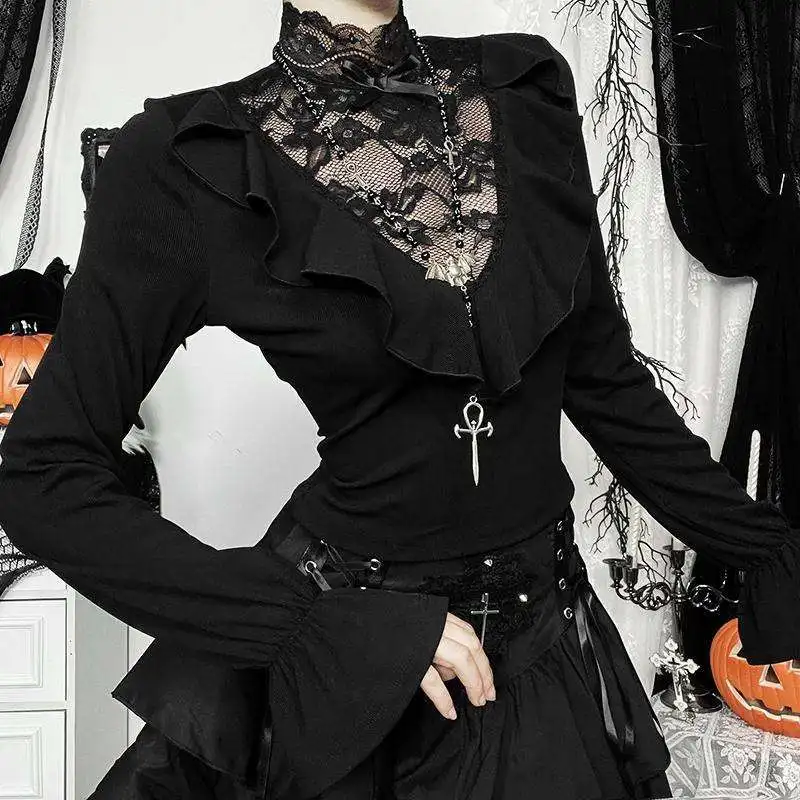 

Female Clothing Lace Turtleneck Pullovers Women's Clothing Vintage Slim Spring Autumn New Fashionable Ruffles Patchwork T-shirts