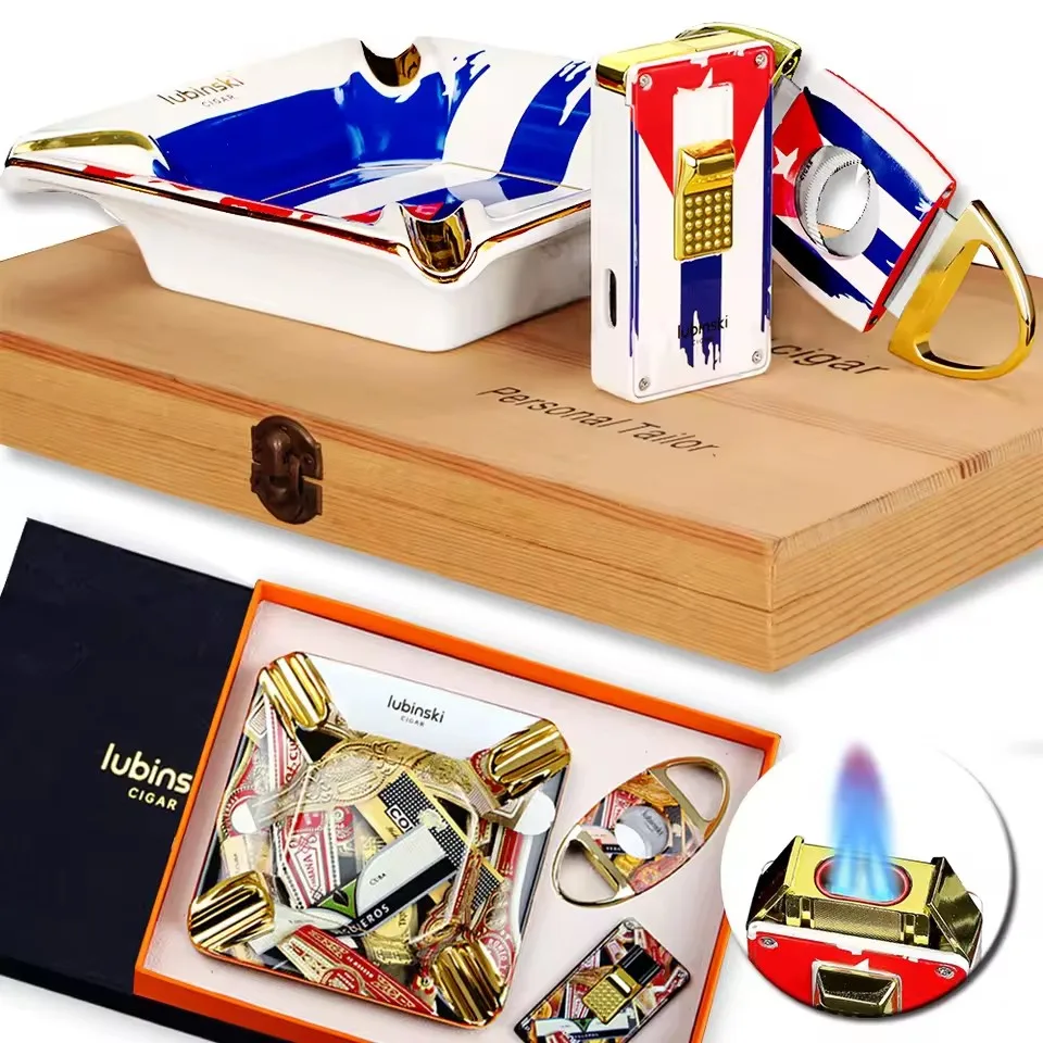 

LUBINSKI Ceramics Cigar Ashtray Metal Butane Gas Torch Lighter Cutter Portable Cigar Set with Exquisite Gift Box for Smoking