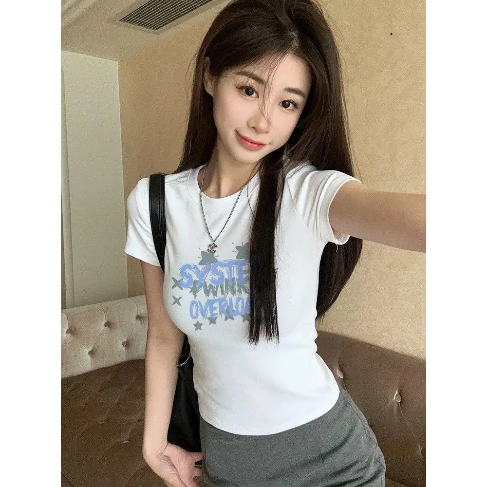 T-shirt in Puro Cotone Slim Fit da Donna, Nuovo Top Estivo con Spalle Scoperte, Versione Coreana Versatile che Nasconde le Imperfezioni...