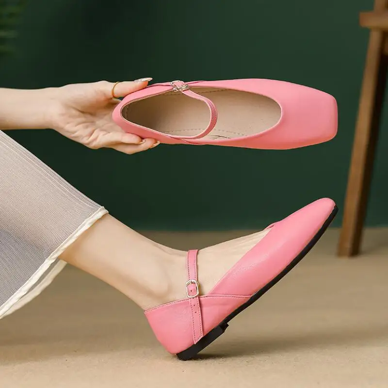 2024 New Women Flat Heel Shoes Fashion Square Toe Ladies Casual Mary Jane Shoes Shallow Comfort Soft Sole Ballet Mujer Size 44