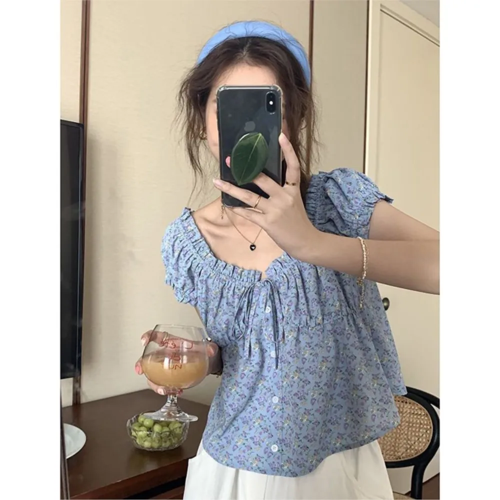 

French Retro Blouse For Woman Shirt Women's Clothes Sweet All-match Contrast Floral Print Simple Style Short Sleeves Fungus Side
