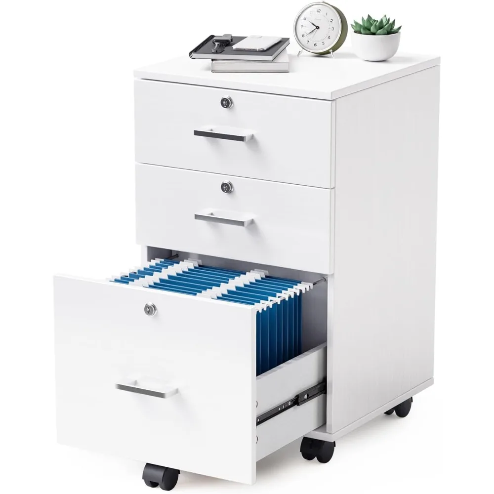 

3-Drawer File Cabinet with Lock, Wood Rolling Filing Cabinets for Home Office, Mobile Printer Stand, Under Desk File Organizer