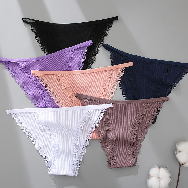 FINETOO 3Pcs/set Sexy Cotton Lace Panties Women Solid Color Low Waist Briefs Comfortable Underwear Female Breathable Lingerie