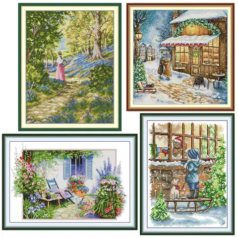 Soulgift News Pre-Printed Cross Stitch Kit, Stamped Aida Fabric with DMC Threads, Embroidery kit - The Beautiful Scenery