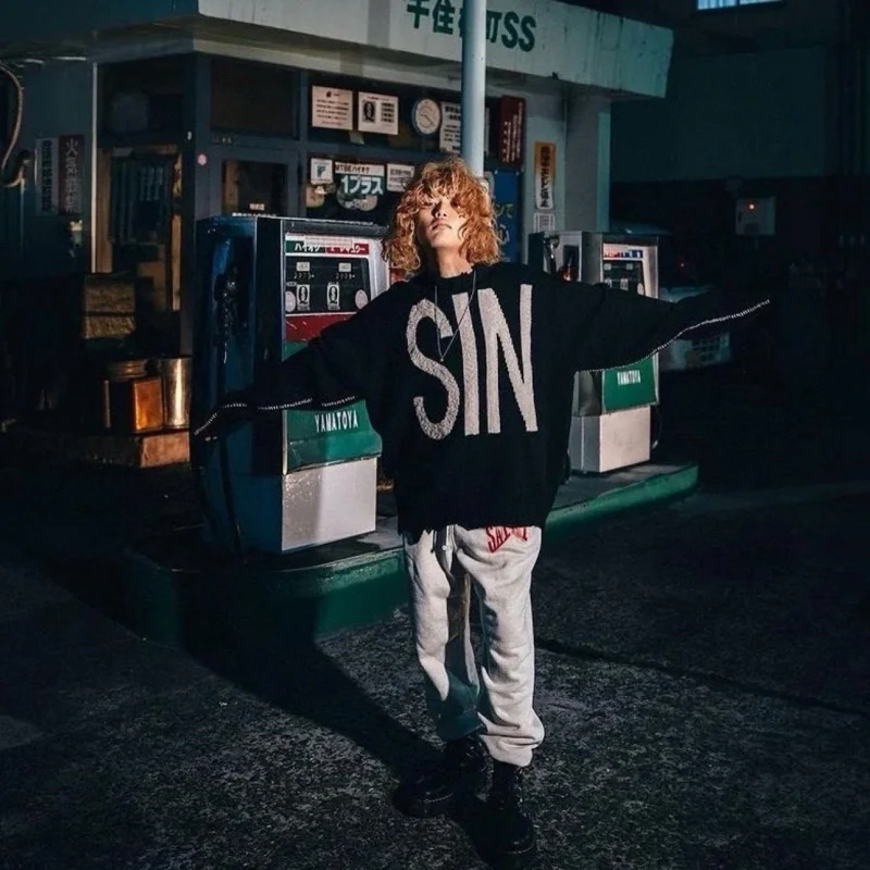 

Мужской готический вязаный свитер Saint SIN, потертый пуловер большого размера, темная уличная одежда, зимний повседневный топ