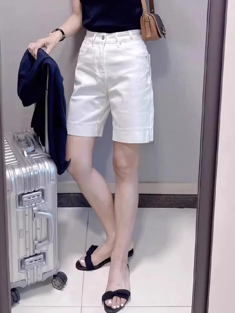

High Waist Elastic Slim Straight Casual White Denim Shorts Women's Summer New Style Five-Point Pants Casual Loose Fit Jeans