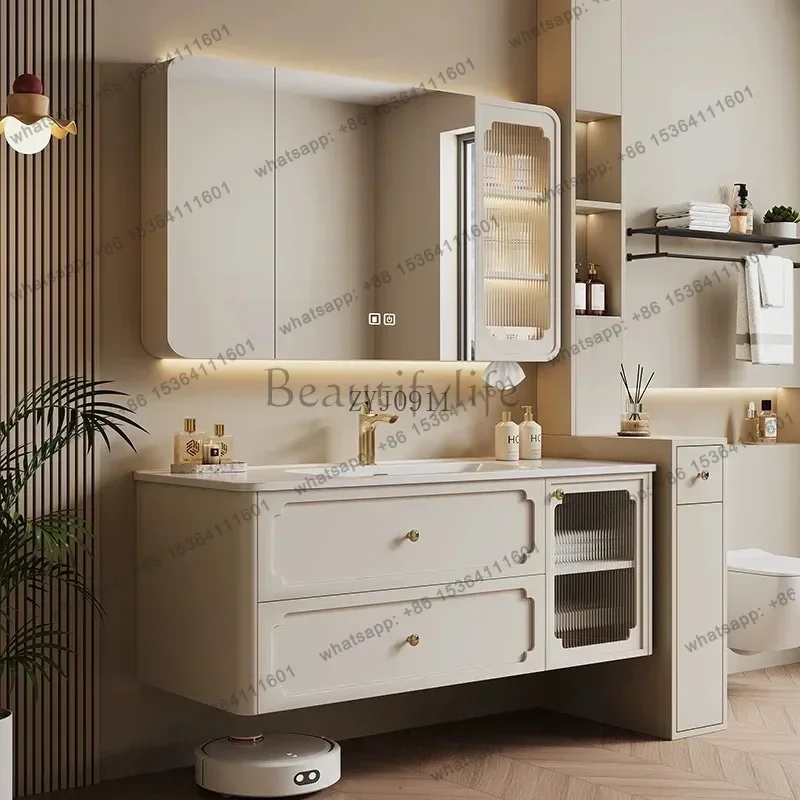 yj57 French light luxury integrated basin bathroom cabinet combination solid wood smart mirror cabinet wash basin