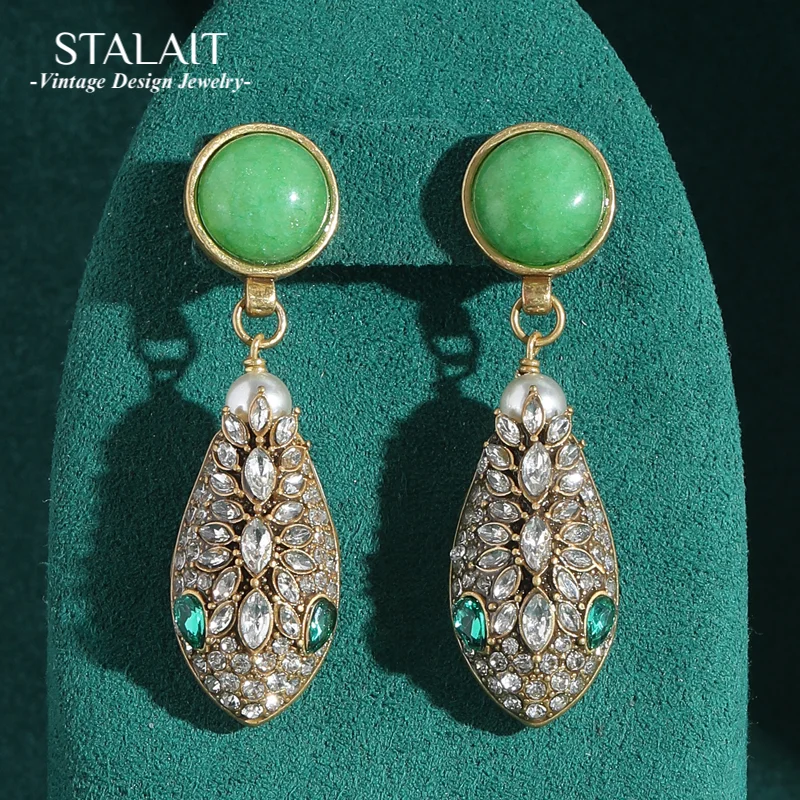 

Vintage Jewelry Green Natural Glazed Earrings Drop Snake Head Rhinestones Gold Color Woman Luxury Designer Antique Accessories