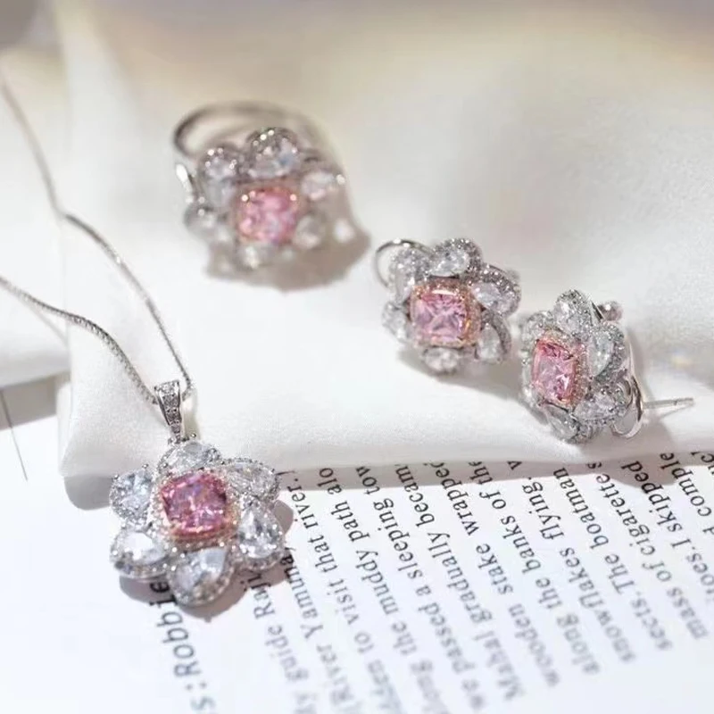 

Pink Flower Jewelry Sets 925 Sterling Silver With Cubin Zircon Necklace Earrings Ring Wedding Party Free Shipping