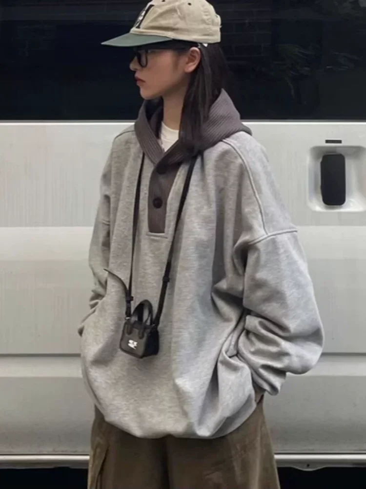 

Japanese retro yarn patchwork women's hooded sweatshirt spring and autumn fashion Y2K Harajuku style casual couple sweatshirt