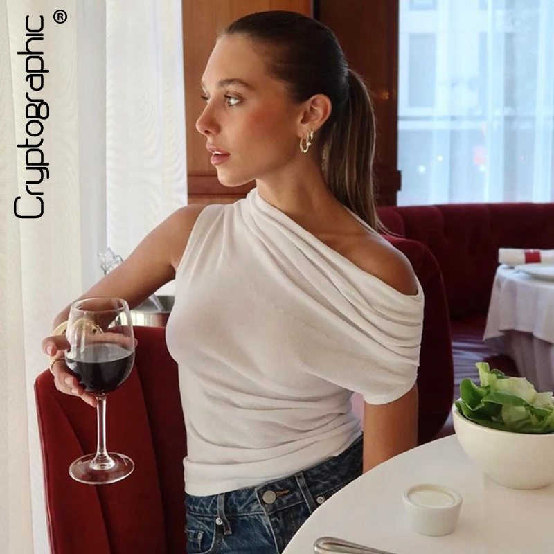 

Cryptographic Elegant Fashion Ruched Asymmetrical Tops Casual Outfits Solid Sexy Cropped Tops Basic T-shirt Tee Summer Clothes