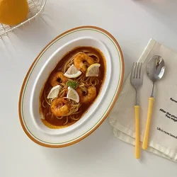 Retro Coil Soup Plate Household Oval Fish Dish Ceramic Tableware Vegetable Salad Pasta Platter Breakfast Fruit Yogurt Bowl