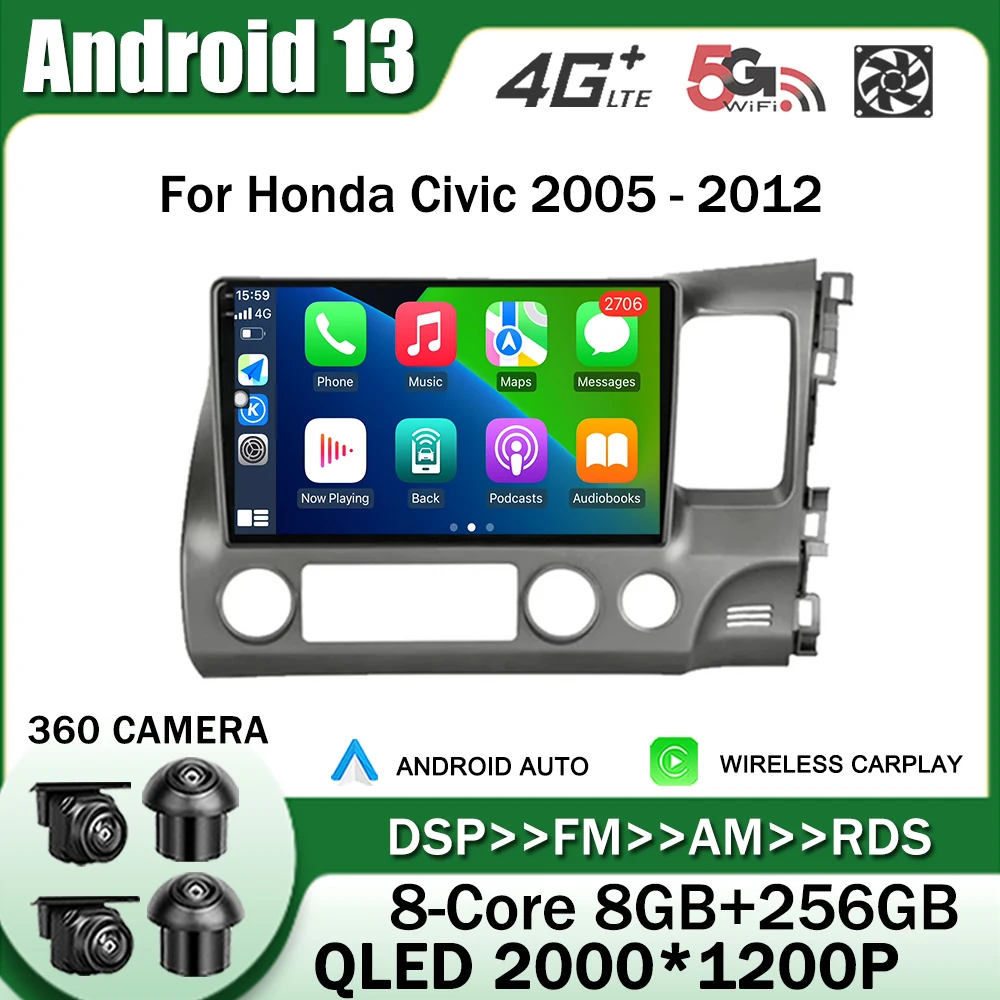 

Android 13 Car Radio Multimedia Stereo Player GPS Navigation WiFi DVD NO 2 Din for Honda Civic 2005 - 2012