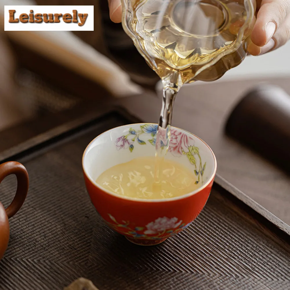 65ml Chinese Enamel Color Tea Cup Ceramic Peony Master Cup High-grade Household Palace Flower Tea Set Portable Small Tea Bowl