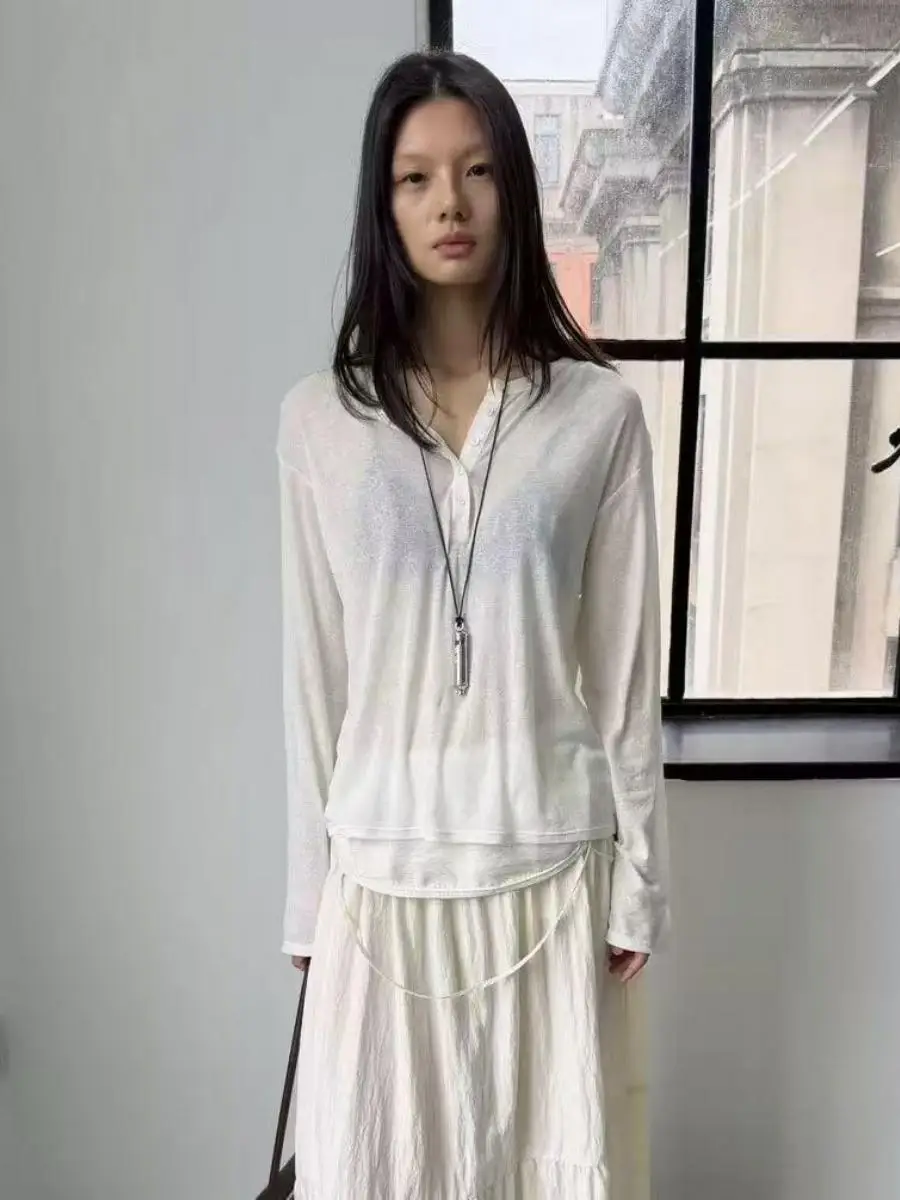 

Loose Long Sleeve T-Shirt Women's Lightweight Half Open Collar Slimming Sun Protection Lazy Style Top V-neck Spring Fashion