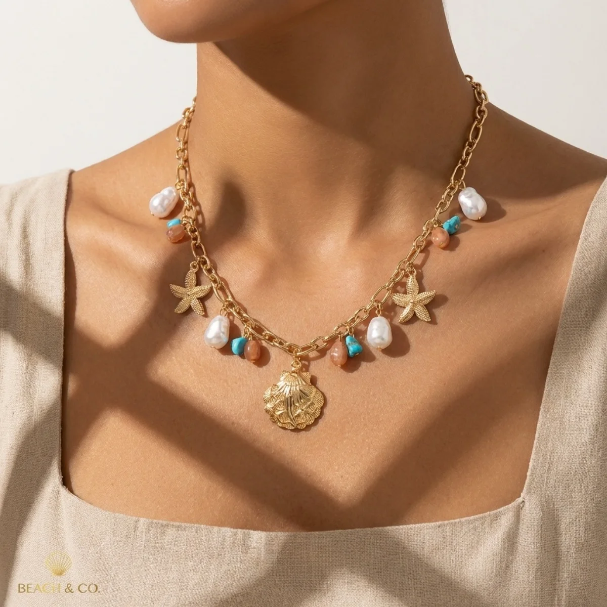 Sommerliche Muschel-Seestern-Imitationsperlen-Quasten-Anhänger-Halskette für Damen und Herren – Seepferdchen, Fisch, Muschel, Schildkröte, Delfin Choker-Schmuck – Detail 8