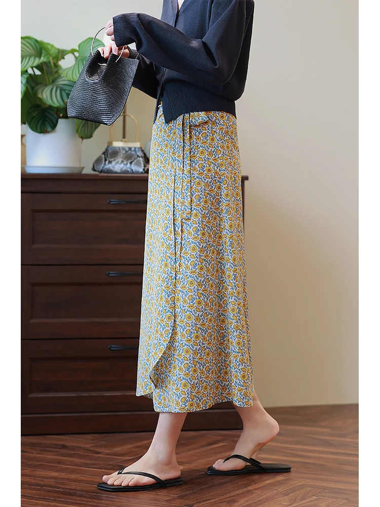 

Silk Double Gauze ter Ne Dr Wrap Sle Print Silk Ribbon Belted Spring Summer Design Sensation Skirt