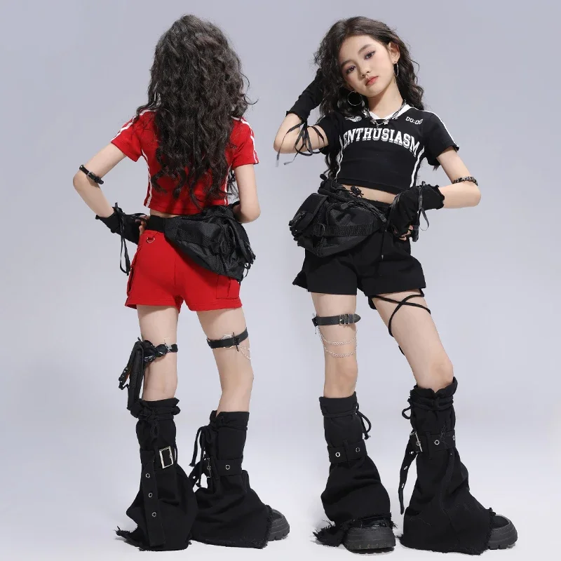 Hip Hop Mädchen K-Pop Rot Crop Tops Street Dance Shorts Kinder Ballsaal Sweatshirt 2-teiliges Kleidungsset Kinder Jazz Bühnenkostüme