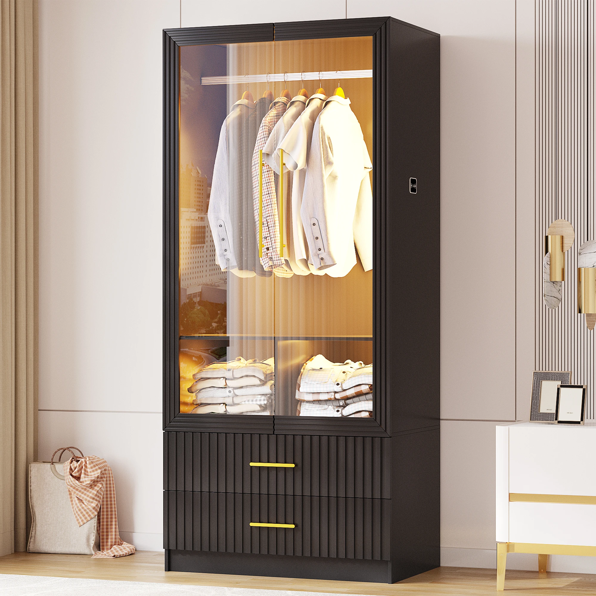 JDPAG 옷장 옷장형 수납장(문 포함), 71인치 옷걸이 봉이 있는 의류 보관 캐비닛