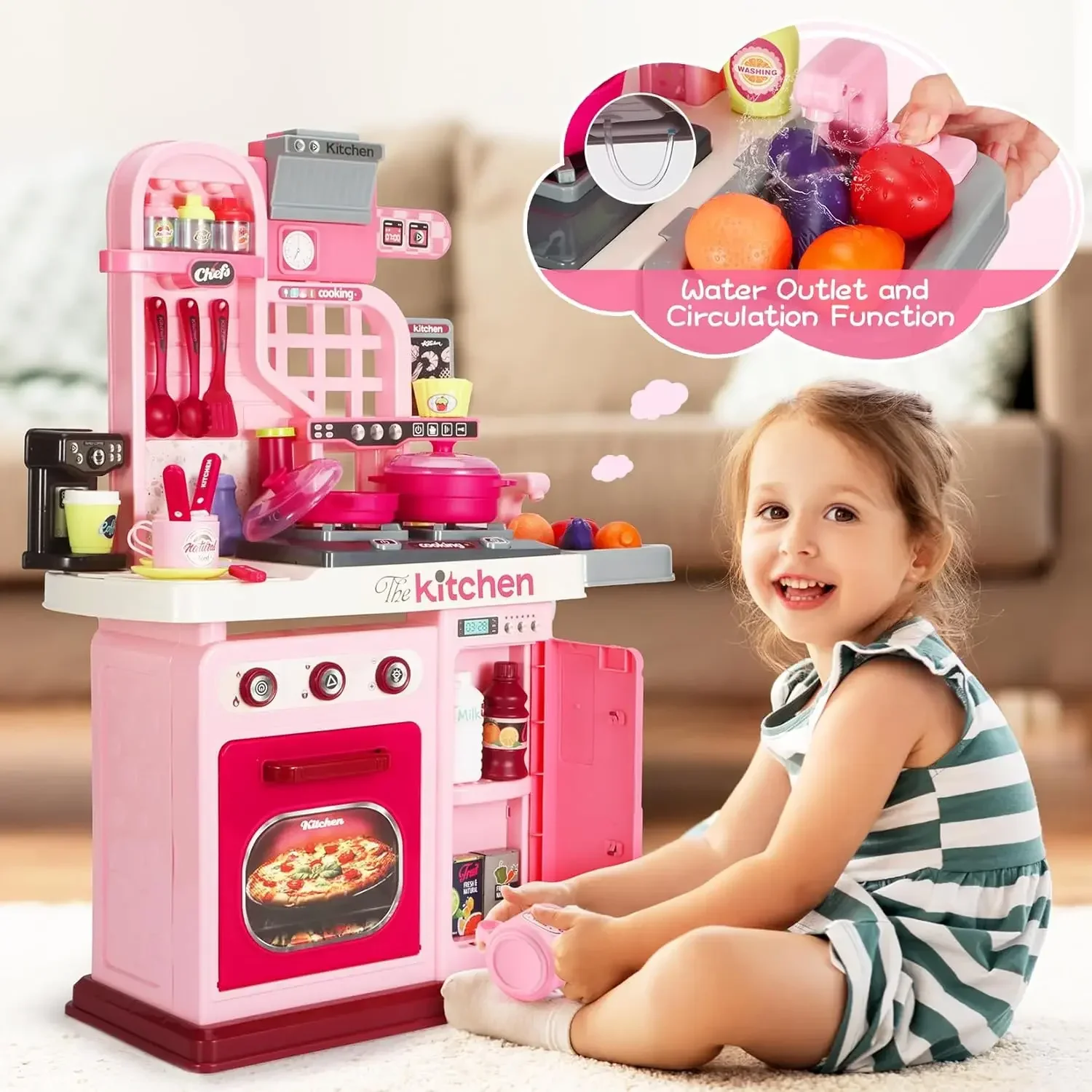 Kinderkeukenspeelset, keukenset voor peuters 1-3 3-5, kookfornuis, speelgootsteen en keukenaccessoires, speelgoedkeuken (roze)