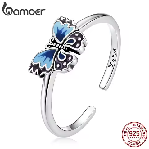 BAMOER 925 Sterling Silver Vintage Butterfly Open Ring for Women Retro Butterfly Simple Silver Ring Fine Jewelry Dainty Gift