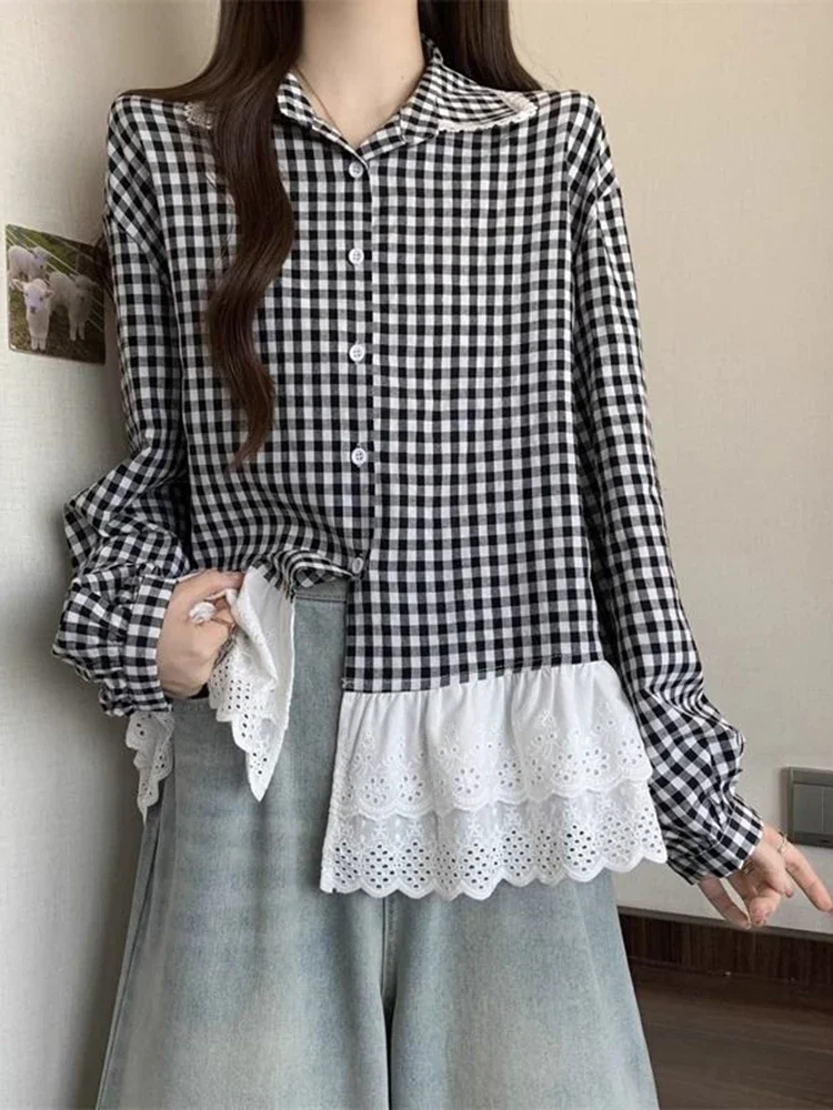 المرأة الحلو منقوشة قميص الفرنسية خمر نمط Preppy الدانتيل المرقعة بلوزة ريترو كم طويل سيدة لطيف بيتر بان طوق القمم #1