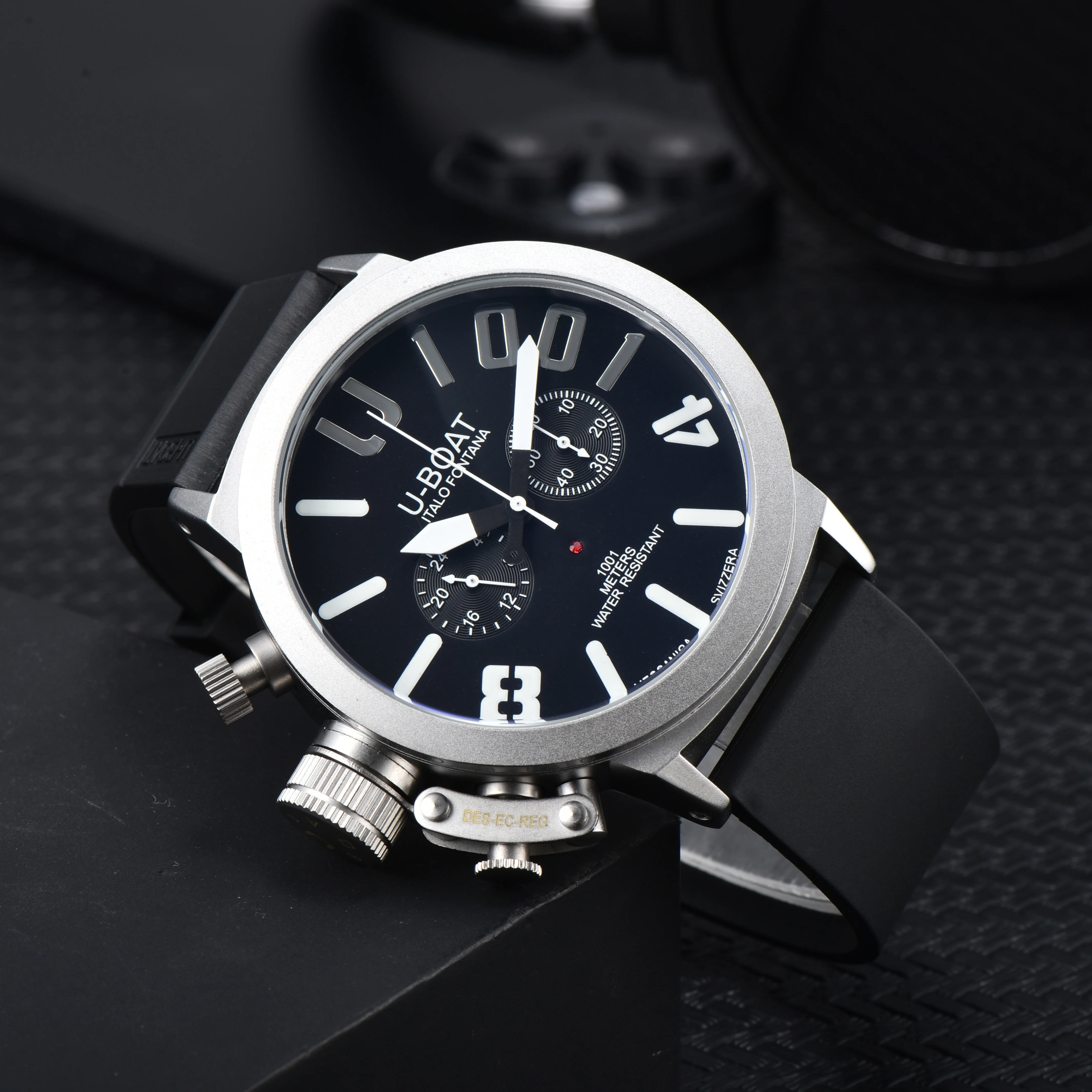 U-BOAT Men's Quartz Chronograph Watch 44mm Stainless Steel Case Silicone Band 1001M Waterproof image 3