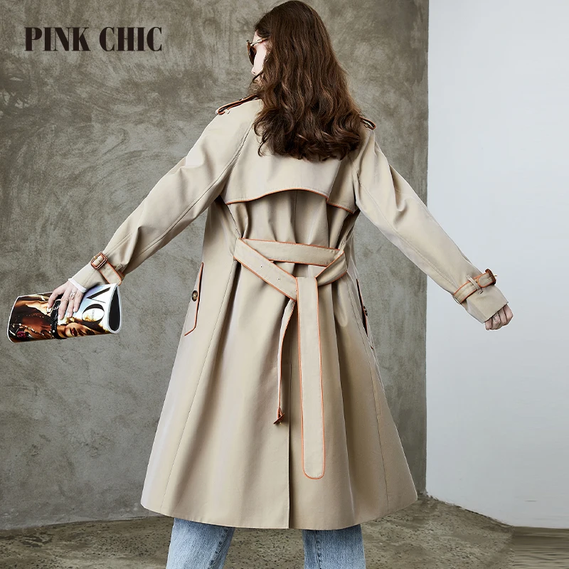 PINK CHIC 2024 Spring and Autumn New Women's Trench Coat Heavy Industry Edging Metal Chameleon British Style Long 686