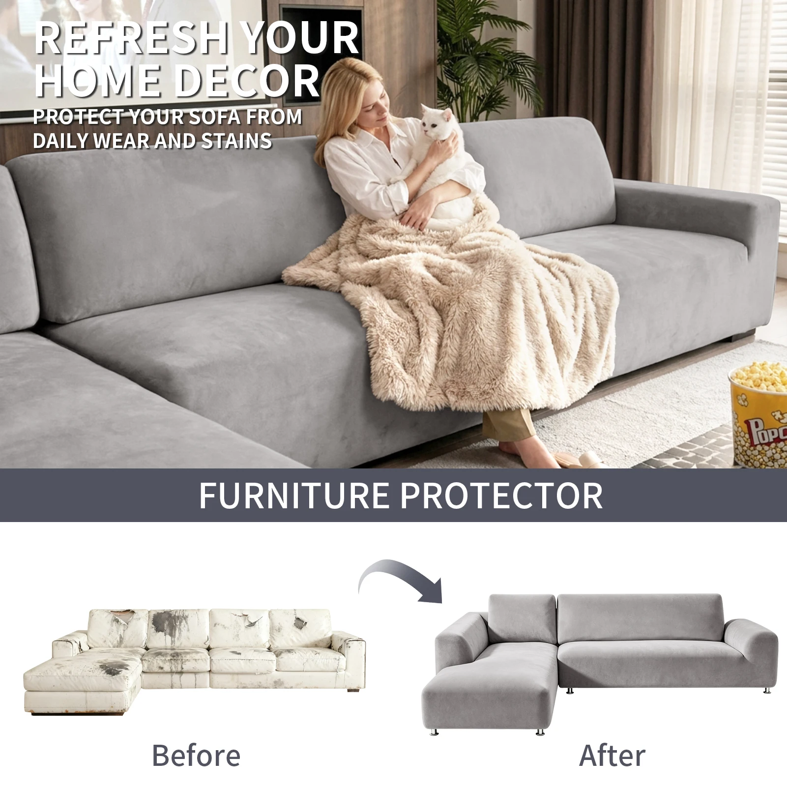 Velvet Sectional Couch Covers Luxury Plush Slipcovers with Elastic Bottom for L Shape Sectional Sofa 2Pcs Pet Friendly Protector
