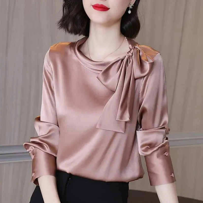 Sommer Herbst Büro Dame Satin Solide Elegante Mode Bogen Shirt Frauen Langarm Temperament Bodenbildung Blusa Alle-spiel Bluse