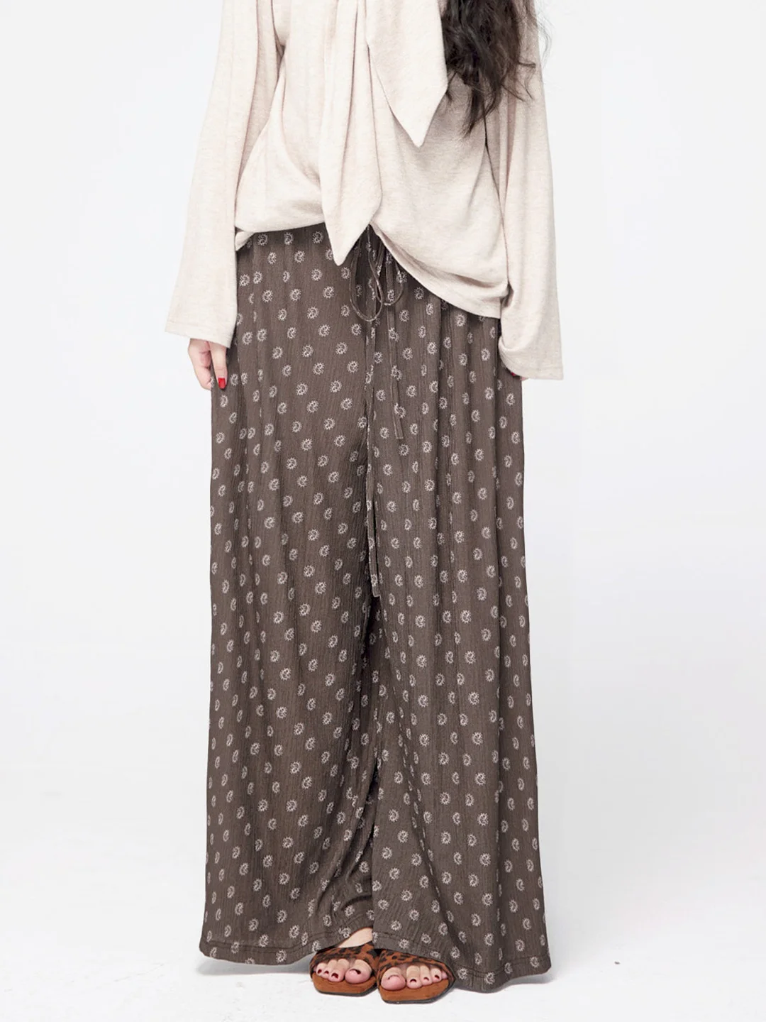 

Yann M Original Design Large Printed Ultra Wide Leg Pants Dstring Elastic Waist Casual Loose Feeling Women's Faion