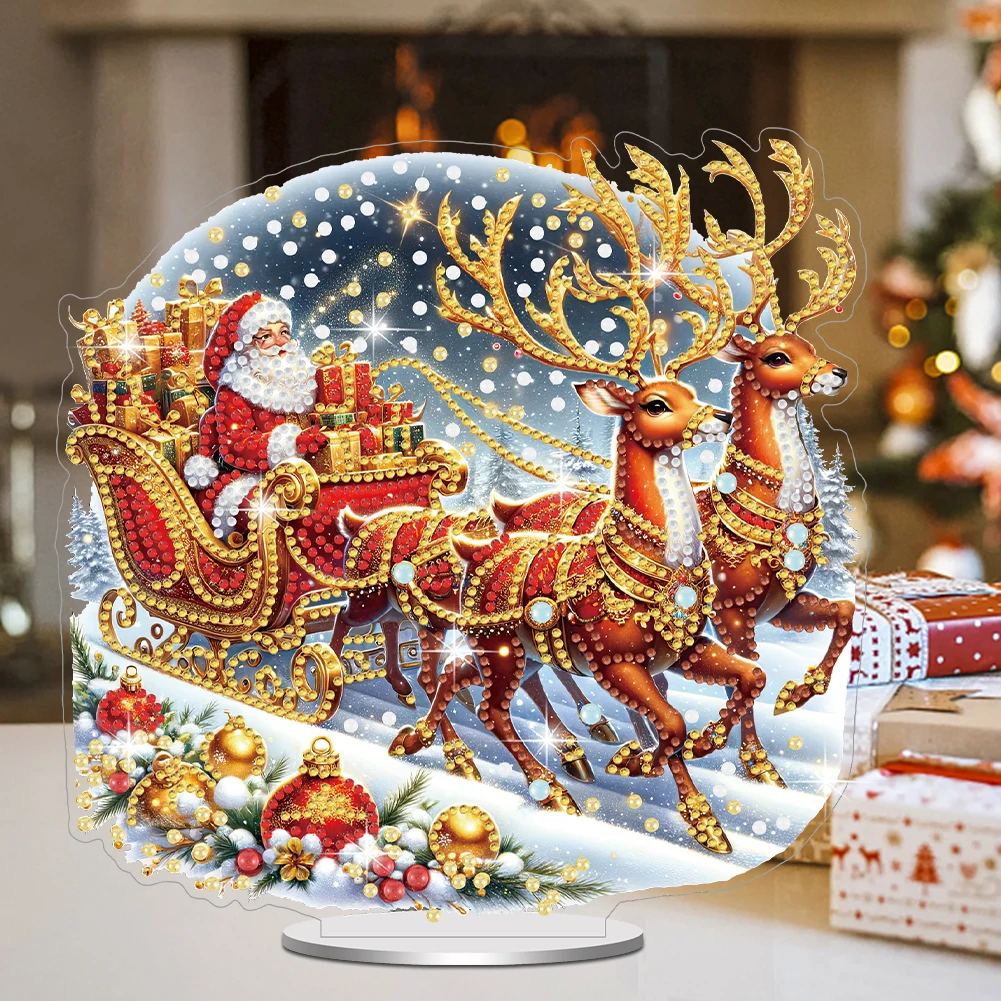 Wooden Santa Rhinestone Desktop Ornaments Kit DIY Art Painting Desktop Decorations for Xmas Table Office Home Decoration
