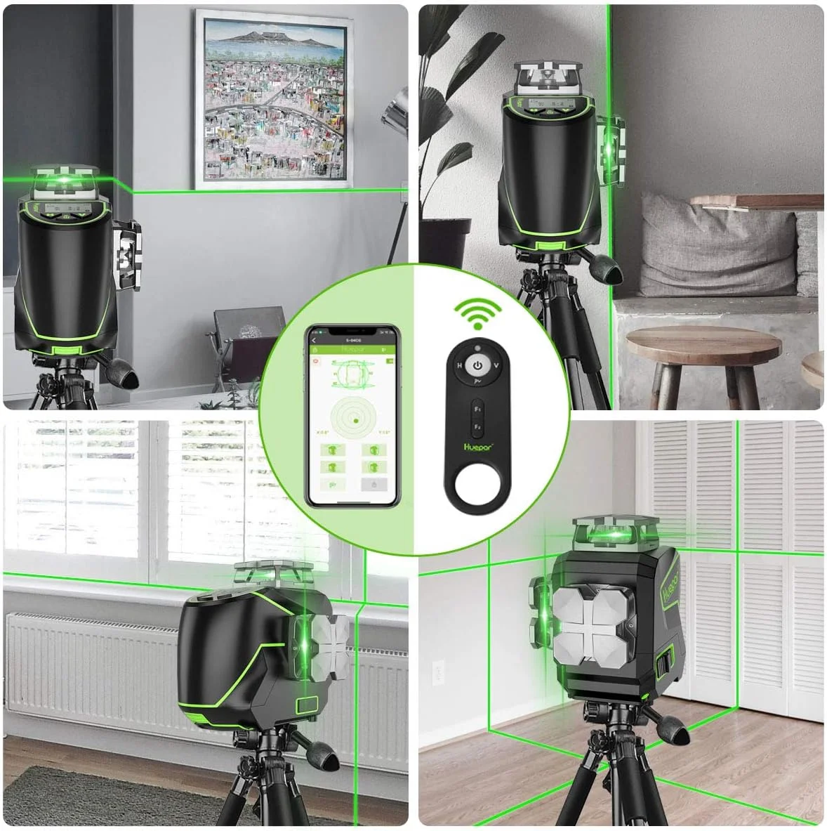 Huepar 12 Lines 3D Self Leveling Laser Level with LCD Screen 3x360° Bluetooth Connected Green Beam Cross Line & Remote Control