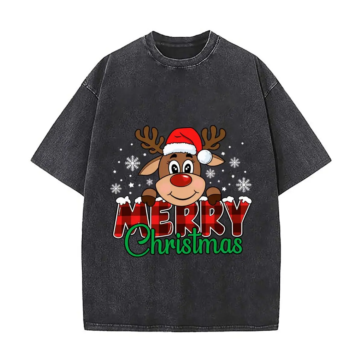 Merry Christmas Reindeer Santa Red Nose Plaid Snowflakes Distressed Vintage Oversized Streetwear Tops for Coffee Dates