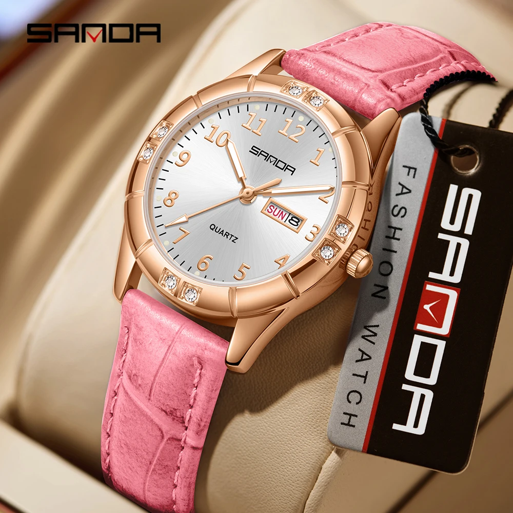 

SANDA 9096 Luxury Women's Watch Leather Strap Date Quartz Watch Women's High Hardness Fashion Clock
