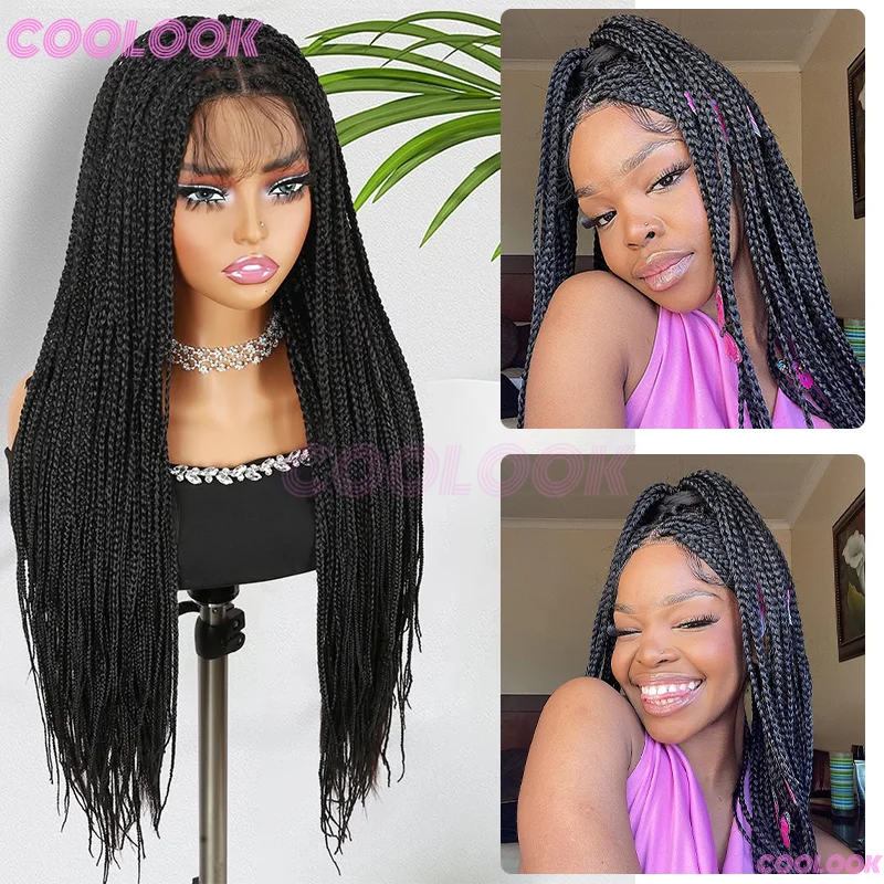 

36-дюймовые синтетические кружевные фронтальные парики для чернокожих женщин, плетение без узлов, парики с детскими волосами, длинные прямые косички, кружевные парики