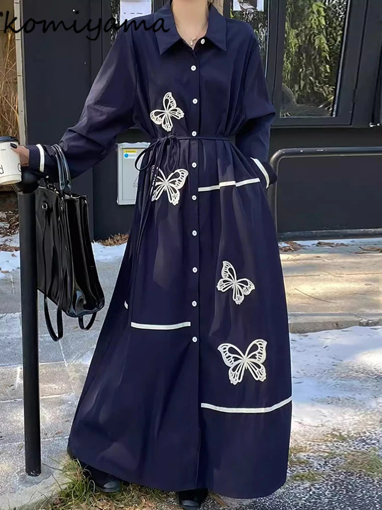 Embroidery Bow Vestidos Lace-up Tunic Long Sleeve Vestido Laple Neck Dresses Vintage Dress Spring Autumn 2025 New Ropa Mujer