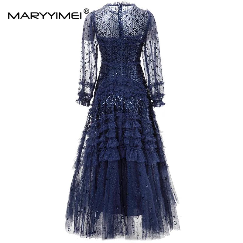 MARYYIMEI New Fashion Runway Designer Women's Round Neck Sequin Bohemian Style Layered Dark Blue Mesh Dress