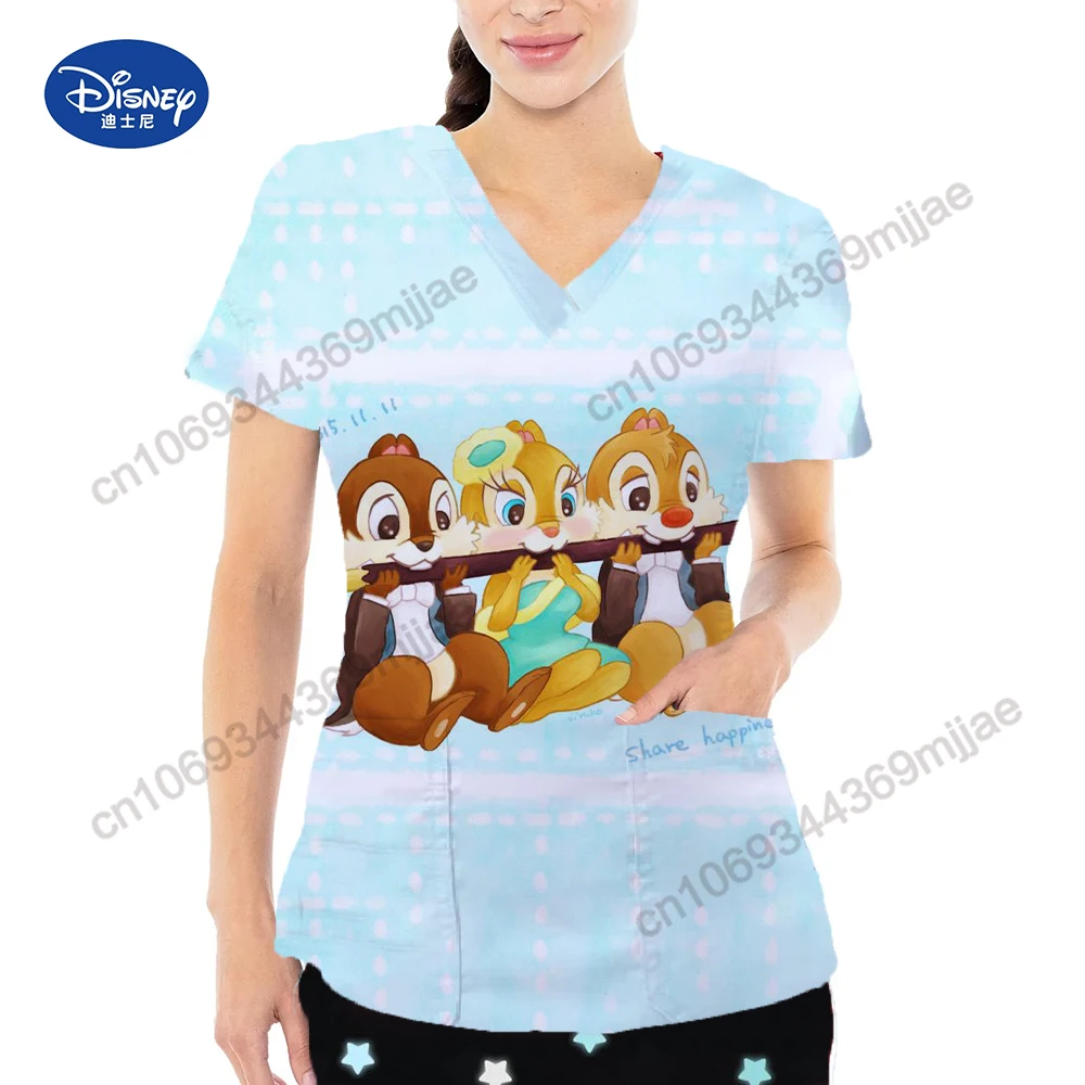 Disney Women\'s T-shirt for Women Clothing 2024 New Cartoon pattern Nurse Uniform Doubet Pocket Tops Y2k Design style T-shirt