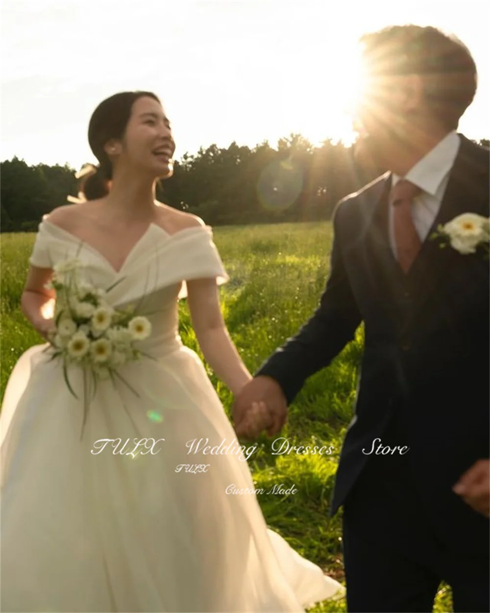 TULX ง่ายปิดไหล่ชุดแต่งงานเกาหลีถ่ายภาพ A-Line ยาวซาติน Tulle Elegant ชุดเจ้าสาว Custom Made