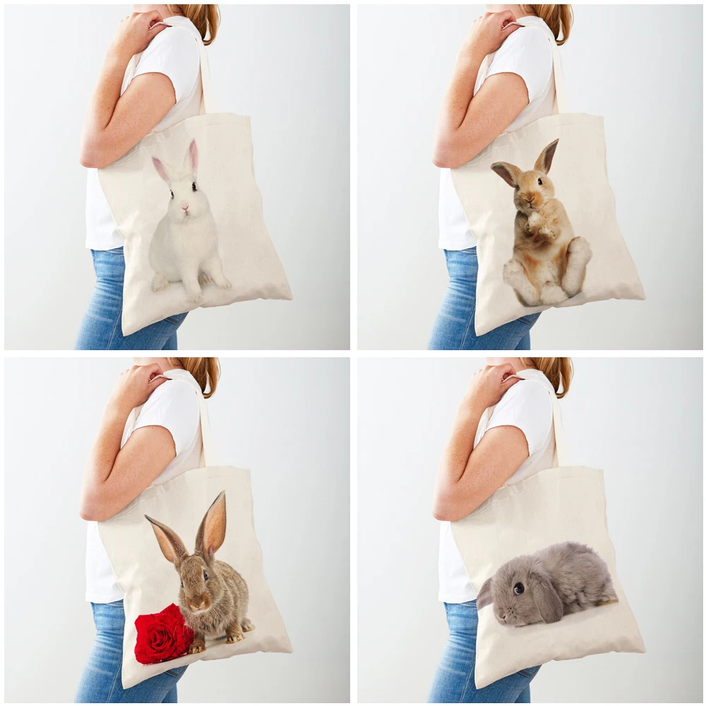 Bolso de compras informal con estampado de conejo para mujer, bolso de mano de viaje con estampado de ambos lados, de lona reutilizable, a la moda, con animales salvajes