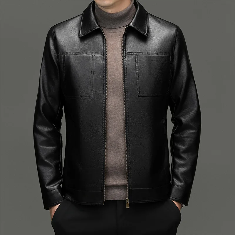 

High-end Men's Business Leather Jackets Fashionable Slim Fit Top Black Brown Lapel Trendy Youth Style Autumn Leather Jacket