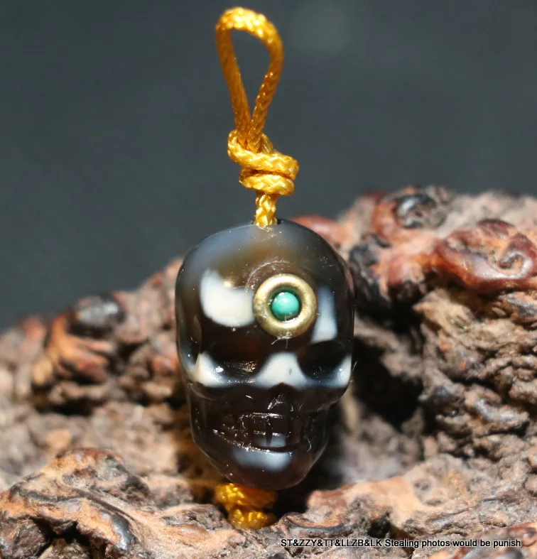 Treasure Magic LKbrother Energy Tibetan old Agate skull Carving dZi Bead Pendant Amulet Talisman